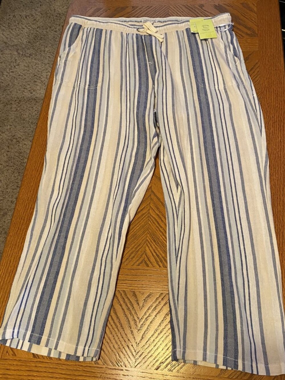 Blue & White Striped Linen Blend Capri Pants